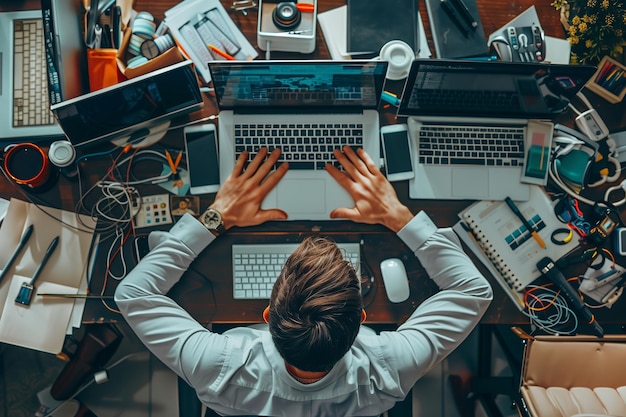 Man working on laptop at cluttered desk top view