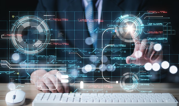 Man works on a HUD Touchscreen Interface Business and technology concept Communication network GUI Graphical User Interface Future concept
