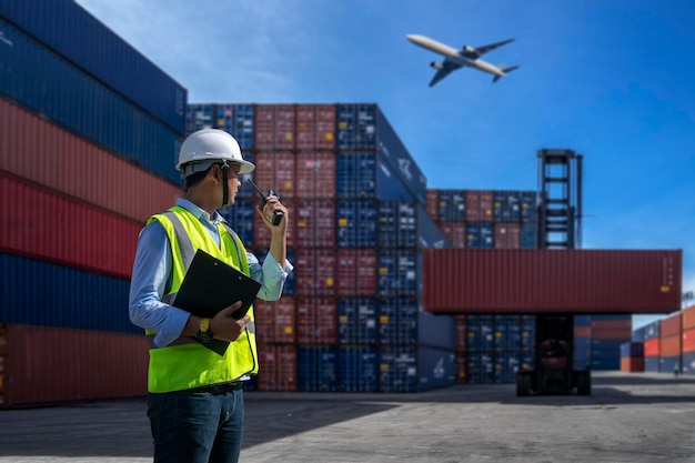 Manual worker holding walkie-talkie while working at shipping yard