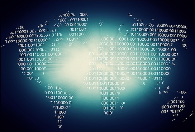 Matrix coding and numbers for data with earth map for futuristic technology with dark background Software neon and text for programming cyber or information highway for global connectivity on web