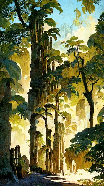 Mayan forest in the sunny morning 3D illustration