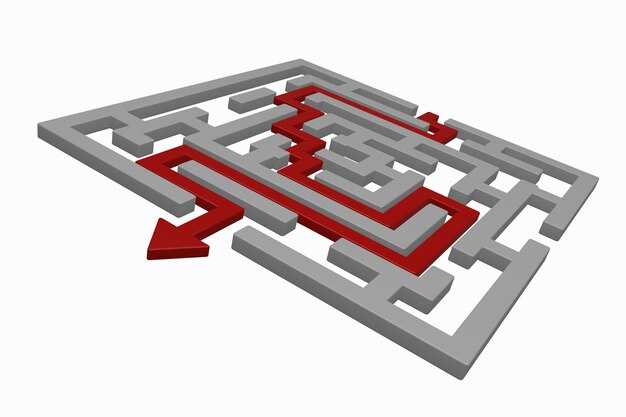 Maze labyrinth 3d icon with red arrow isolated on white background