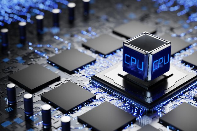 Memory chips and central processor on an electronic board Abstract microelectronics technology concept Abstract microchip Conventional technologies New microprocessor 3d render