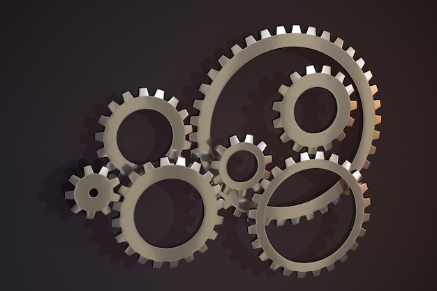 Meshing mechanical gears metallic parts 3d rendering
