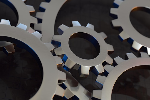 Meshing mechanical gears metallic parts 3d rendering