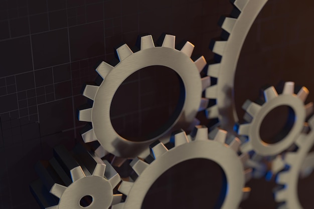 Meshing mechanical gears metallic parts 3d rendering