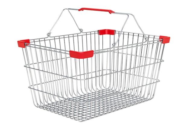 Metallic empty supermarket shopping basket 3D rendering