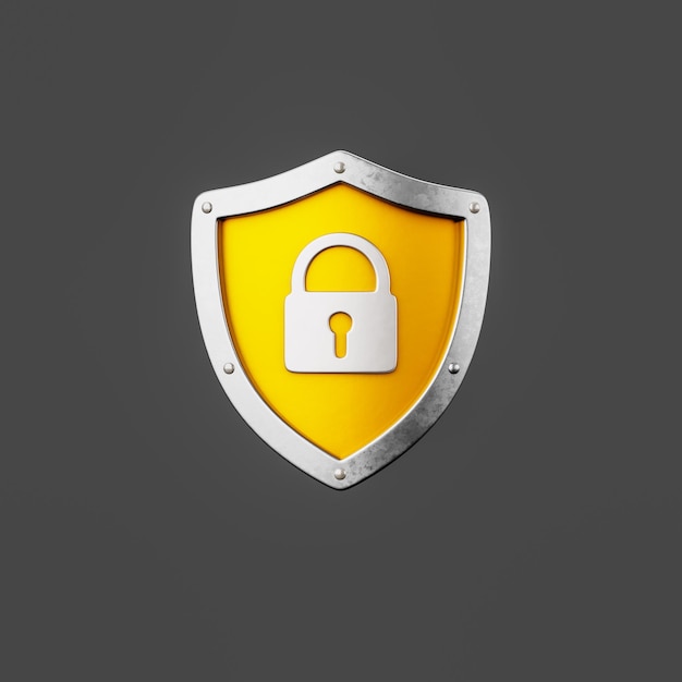 Metallic Shield Shape with Padlock on Gray Background