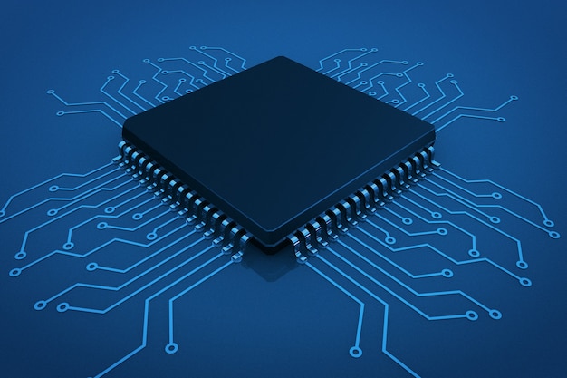 Microchip on circuit board in blue key