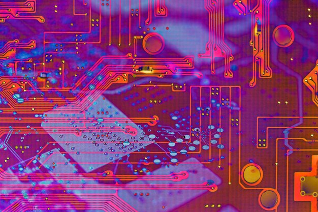 Microchip technology concept background with circuit board electronic elements. Abstract pattern for computer technology, motherboard integrated computing illustration.