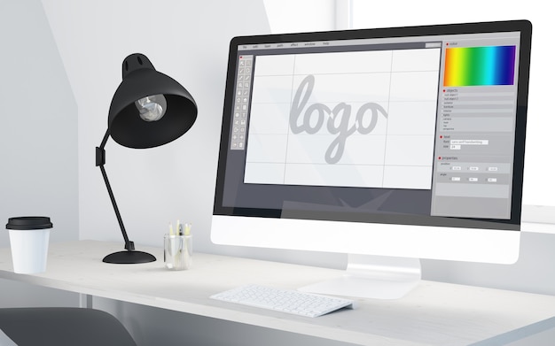 minimal desktop with logo design software computer. 3d rendering