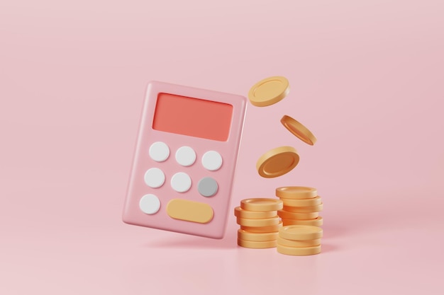 Minimal style math financial calculator with stacking coins on pink background Business investment budget balance income tax economy analysis money savings accounting work concept 3d rendering