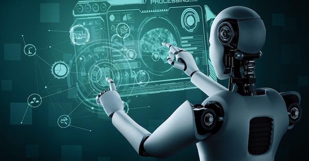 Mlb ai hominoid robot touching virtual hologram screen showing concept of ai brain