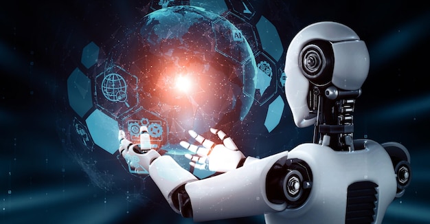mlp ai hominoid robot holding hologram screen shows concept of global communication