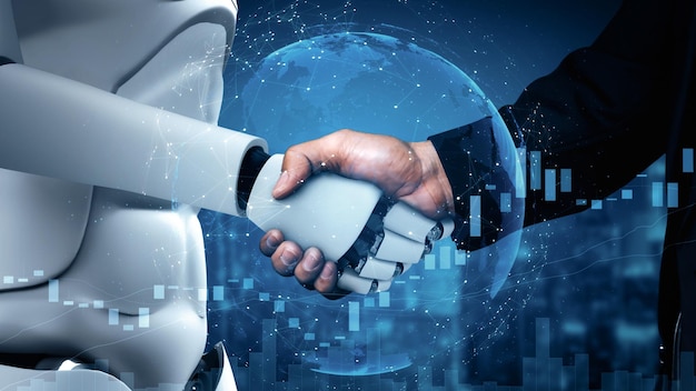Mlp d rendering hominoid robot handshake to collaborate future technology
