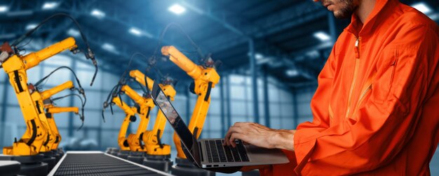 Mlp engineer use advanced robotic software to control industry robot arm in factory