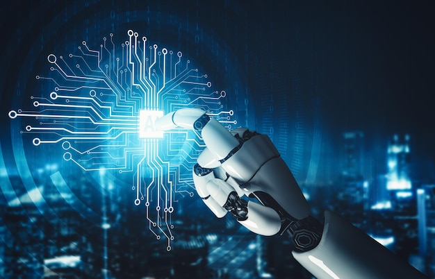 Mlp futuristic ai thinking of droid robot artificial intelligence concept
