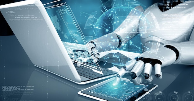 Mlp robot hominoid use laptop and sit at table for big data analytic