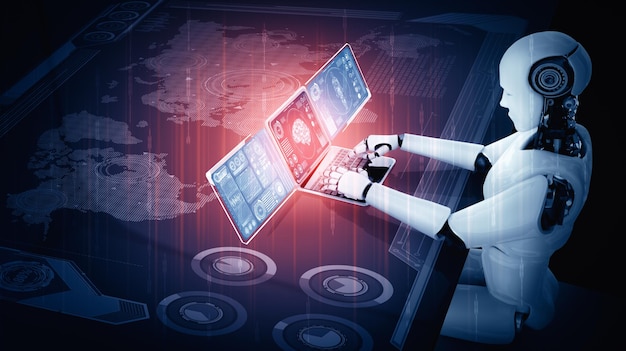 mlp robot humanoid use laptop and sit at table for big data analytic