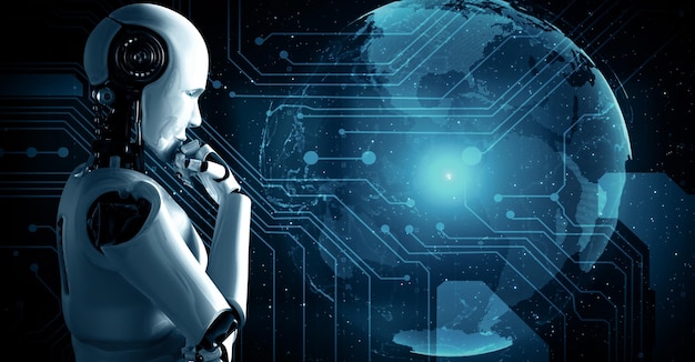 Mlp thinking ai hominoid robot analyzing hologram screen shows concept of network