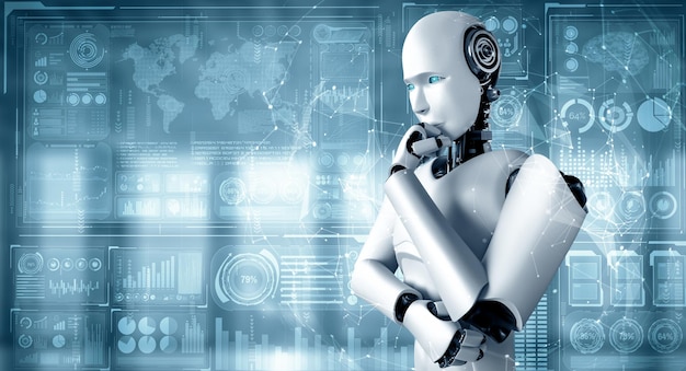 Mlp thinking ai humanoid robot analyzing hologram screen showing concept big data