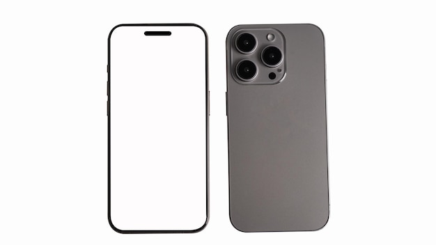 Mobile phone placed with front and back view on white background