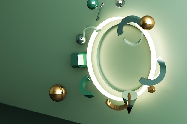 Mock up composition of geometric shape gold and glass texture with green color podium for product design 3d rendering 3d illustration
