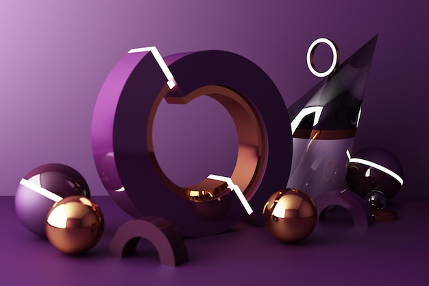 Mock up composition of geometric shape gold and glass texture with purple color podium for product design 3d rendering 3d illustration