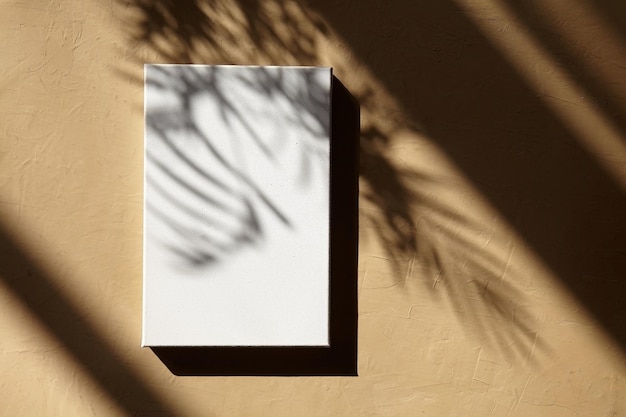 Mockup white canvas hanging on beige wall with dark shadows of leaves Poster mockup blank