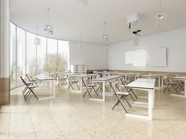 Modern classroom with large panoramic windows and white desks, bright interior. 3d rendering