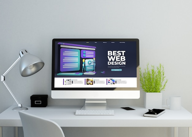 Modern clean workspace mockup with  responsive template website on screen