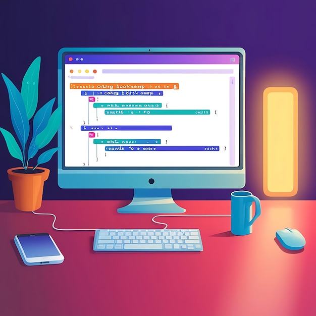 Modern Coder Workspace with Computer and Code