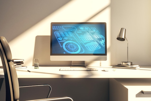 Modern computer display with abstract graphic data spreadsheet sketch analytics and analysis concept 3D Rendering