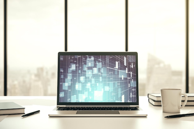 Modern computer display with abstract graphic data spreadsheet sketch analytics and analysis concept 3D Rendering