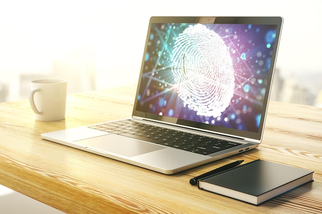 Modern computer display with abstract graphic fingerprint sketch fingerprint scan data concept 3D Rendering