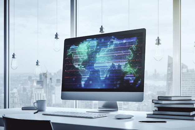 Modern computer display with abstract graphic world map big data and networking concept 3D Rendering