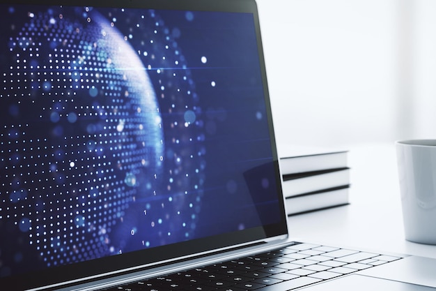 Modern computer display with abstract graphic world map big data and networking concept 3D Rendering