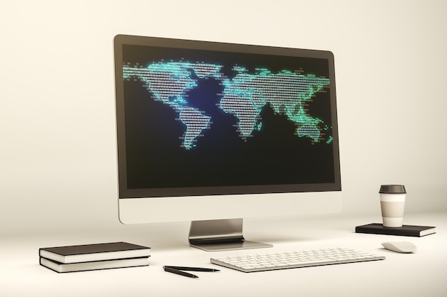 Modern computer display with abstract graphic world map big data and networking concept 3D Rendering