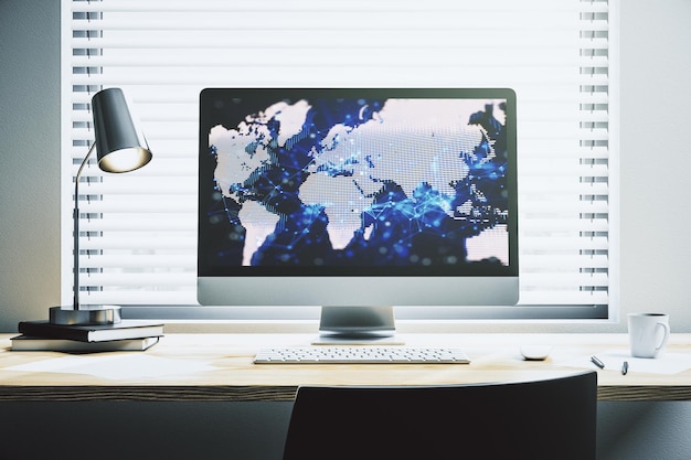 Modern computer display with abstract graphic world map big data and networking concept 3D Rendering