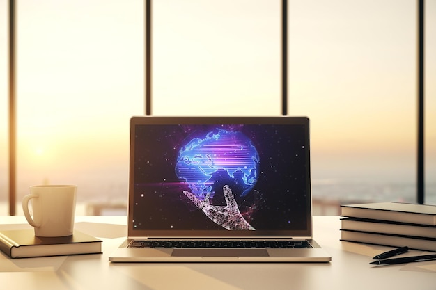 Modern computer display with abstract graphic world map big data and networking concept 3D Rendering
