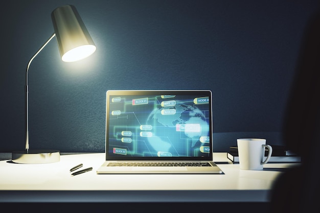 Modern computer display with abstract programming language hologram and world map artificial intelligence and neural networks concept 3D Rendering