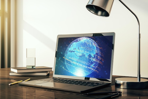 Modern computer display with abstract programming language hologram and world map artificial intelligence and neural networks concept 3D Rendering
