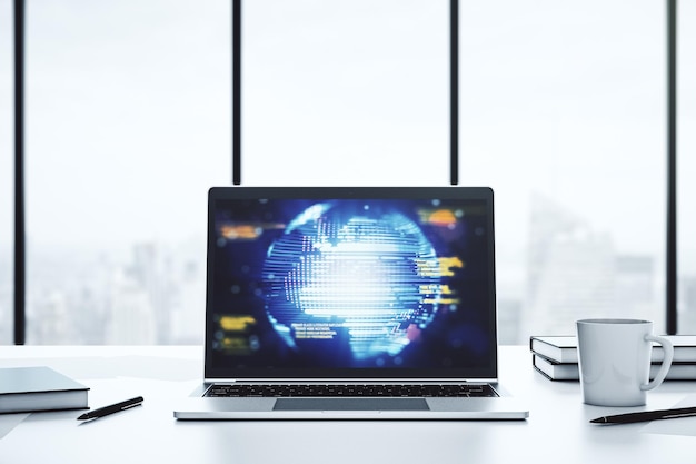 Modern computer display with abstract programming language hologram and world map artificial intelligence and neural networks concept 3D Rendering