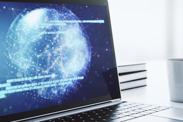 Modern computer display with abstract programming language hologram and world map artificial intelligence and neural networks concept 3D Rendering