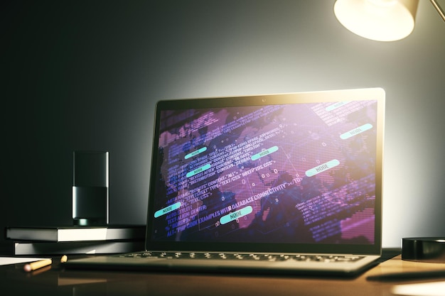 Modern computer display with abstract programming language hologram and world map artificial intelligence and neural networks concept 3D Rendering