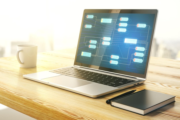Modern computer display with abstract programming language hologram artificial intelligence and machine learning concept 3D Rendering