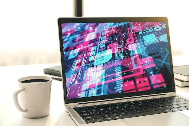 Modern computer display with abstract programming language hologram artificial intelligence and machine learning concept 3D Rendering