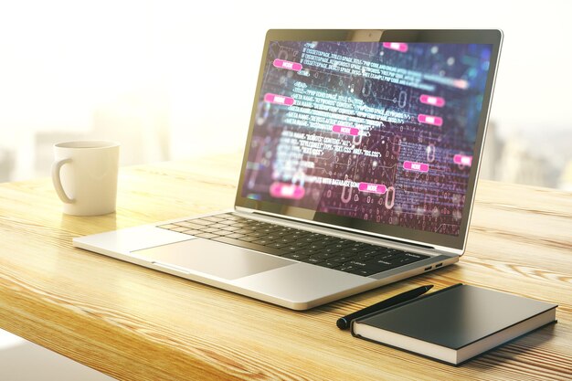 Modern computer display with abstract programming language hologram artificial intelligence and machine learning concept 3D Rendering