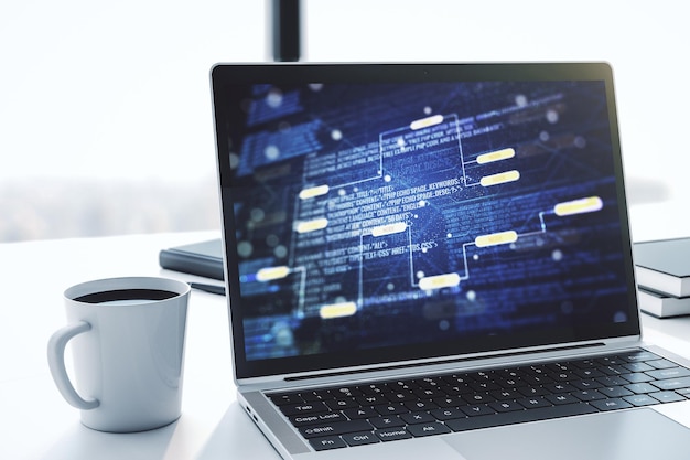 Modern computer display with abstract programming language hologram artificial intelligence and machine learning concept 3D Rendering