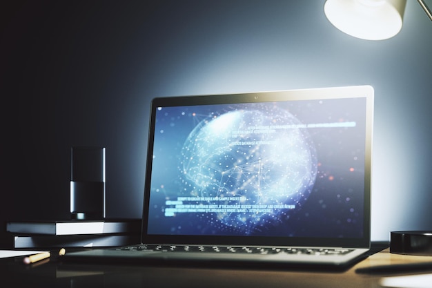 Modern computer display with abstract software development hologram and world map global research and analytics concept 3D Rendering